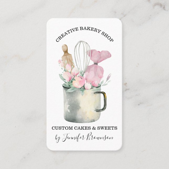 Cartão De Visita Confeiteiro de Padaria Flores Rosa Boho chic (Frente)