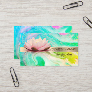 Cartão De Visita Confete de Listra Dourada Elegante, Lótus, Mármore