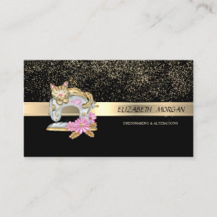 Cartão De Visita Confete Dourado Elegante, Máquina de Costura Gato