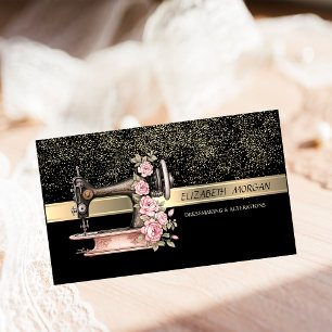 Cartão De Visita Confete Dourado Elegante, Máquina de Costura Vinta