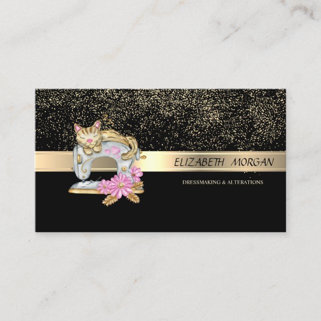 Cartão De Visita Confetti Dourado Elegante, Gato de Máquinas de Cos (Frente)