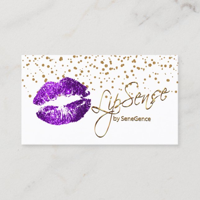 Cartão De Visita Confetti Dourado LipSense e Lábios roxos (Frente)