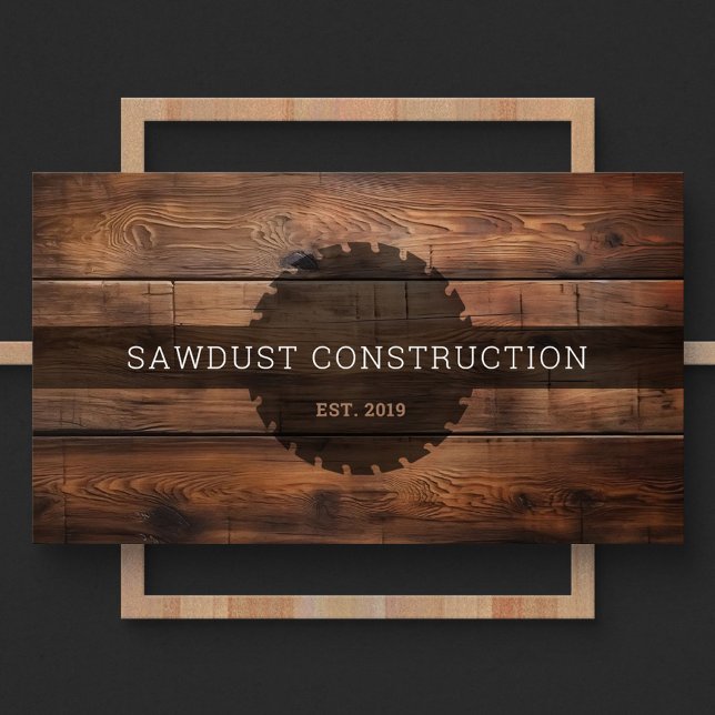 Cartão De Visita Construção Carpinteiro Madeira russa escura de mad (Front of a construction business card featuring dark rustic wooden timber and a round saw silhouette)