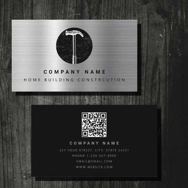 Cartão De Visita Construção de casa de martelo preto metálico (Black Metal Hammer Home Building Construction Business Card)