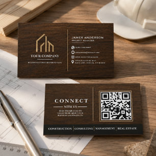 Cartão De Visita Construção de Código QR com Textura de Madeira Mod