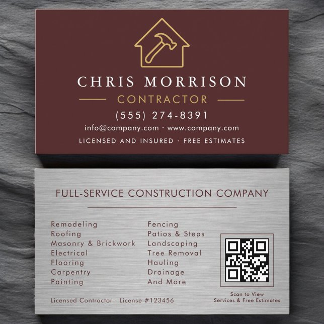 Cartão De Visita Construção de Edifícios Metálicos Burgundy QR Code (Criador carregado)