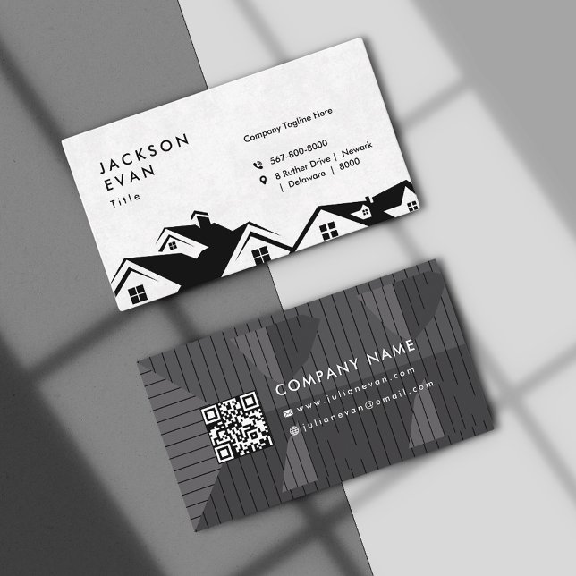 Cartão De Visita Construção de telhado preto e branco profissional (Professional Black & White Roofing Construction Business Card)