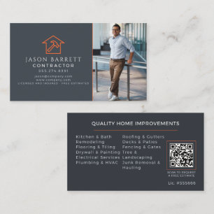 Cartão De Visita Construção de Telhados Laranja Cinza Foto QR