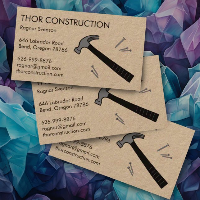 Cartão De Visita Construção Handyman Remodel Hammer e Unhas Kraft (Custom business cards with hammer and nails - perfect for construction work and handyman)
