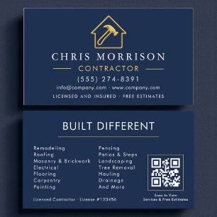 Cartão De Visita Construção Metálica Azul Marinho Dourado Código QR