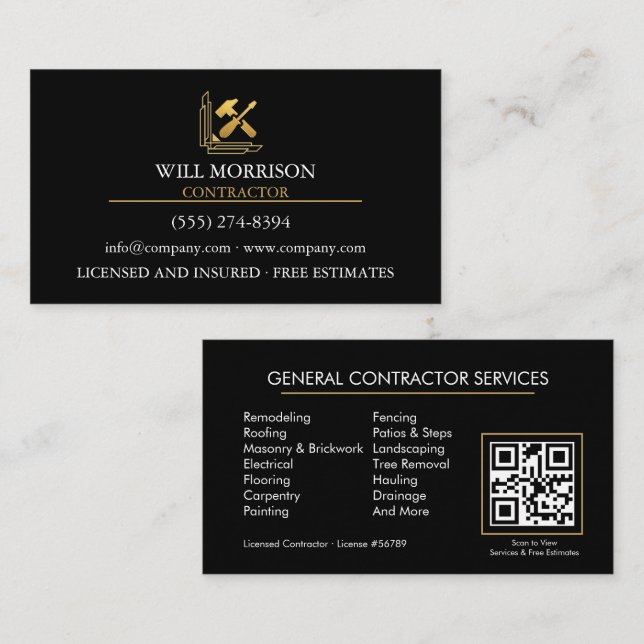Cartão De Visita Construção Moderna de Edifícios Dourado & Preto (Frente/Verso)