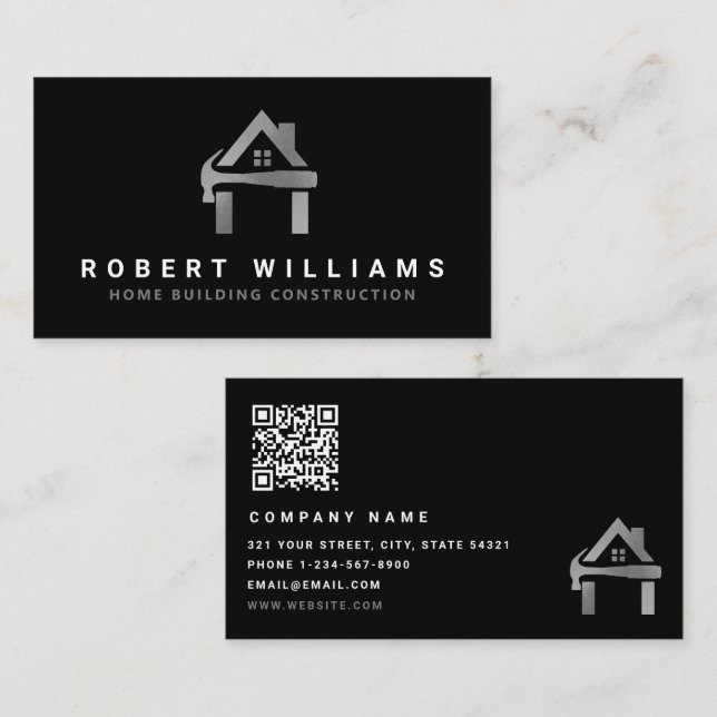 Cartão De Visita Construção Personalizada Preto Prata Edifício Resi (Frente/Verso)