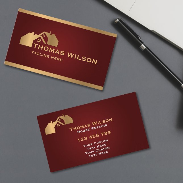 Cartão De Visita Construção Profissional - Cabine de Carpinteiro (modern carpenter handyman business cards with burgundy background and gold rooftops)