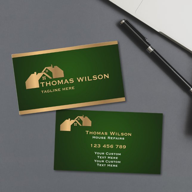 Cartão De Visita Construção Profissional - Cabine de Carpinteiro (modern carpenter handyman business cards with emerald green background and gold rooftops)