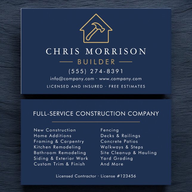 Cartão De Visita Construtor Azul Marinho Dourado Construção Moderna (Criador carregado)
