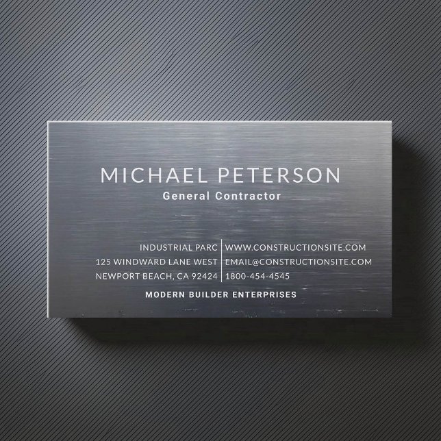 Cartão De Visita Construtor de Construção Desenvolvedor de Aço Brut (construction company builder remodeling business card brushed dark steel simple minimalist modern)