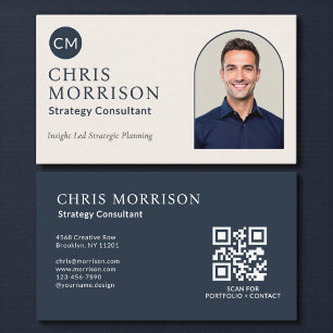 Cartão De Visita Consultor de Estratégia Código QR de Foto Azul Mar