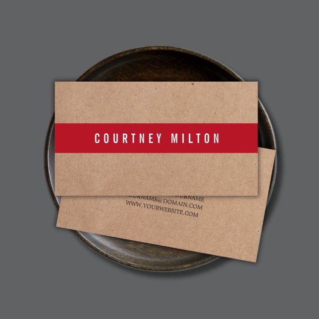 Cartão De Visita Consultor de faixa vermelha mínima impressa Kraft  (Criador carregado)