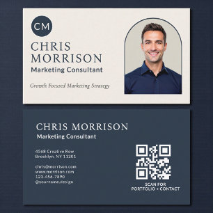 Cartão De Visita Consultor de Marketing Foto Código QR Azul Marinho