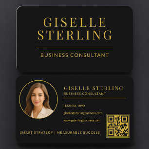 Cartão De Visita Consultor de Negócios Código QR Foto Black Gold