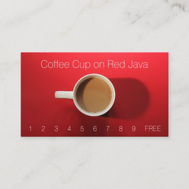 Cartão De Visita Copo de café na mesa vermelha (Frente)