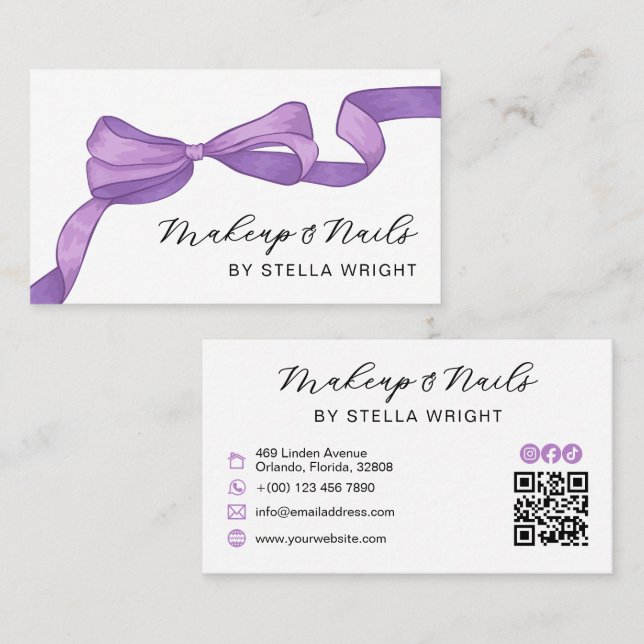 Cartão De Visita Coquette Purple Bow Beauty QR Code (Frente/Verso)