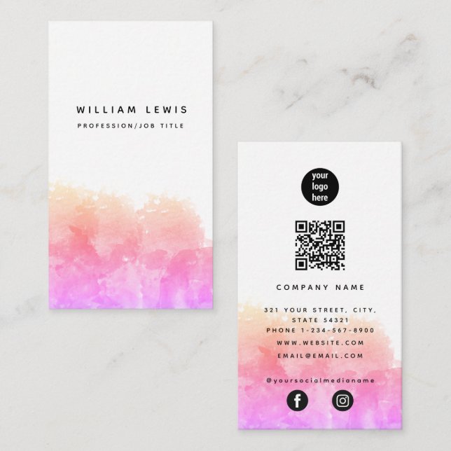 Cartão De Visita Cor d'água laranja rosa Código QR Mídia social (Frente/Verso)