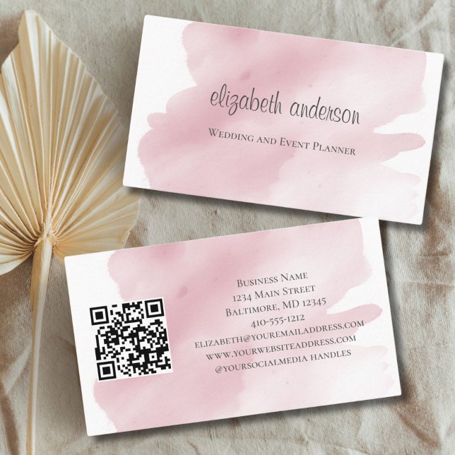 Cartão De Visita Cor d'água Rosa Lavar Abertura Código QR Feminina (Pink Watercolor Wash Splash Feminine Business card for her. Nails Hair, Event Planner)