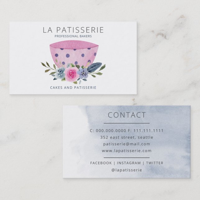 Cartão De Visita Cor de Água Rosa Moderna Panorâmica Pastelaria (Frente/Verso)
