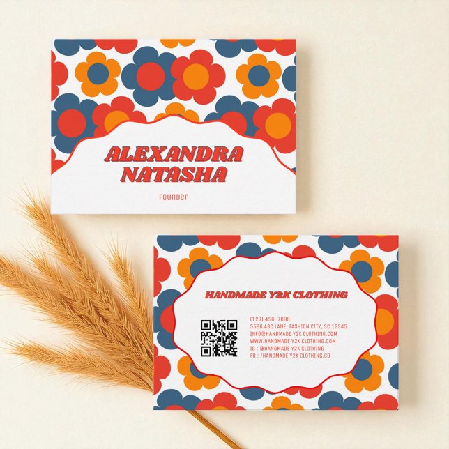 Cartão De Visita Cor de palha azul vermelho Y2K Flor (Red Orange Blue Y2K Flower Handmade Clothing Business Card)