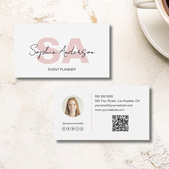 Cartão De Visita Cor-de-rosa branco Elegante moderno (Modern Elegant Monogram White Pink Business Card)