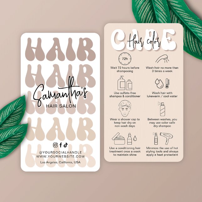 Cartão De Visita Cor do Cabelo Trendy Pós-Cuidados Retroativos Salã (Modern beige & white hair care cards for post hair color. Featuring retro fonts and care icons)