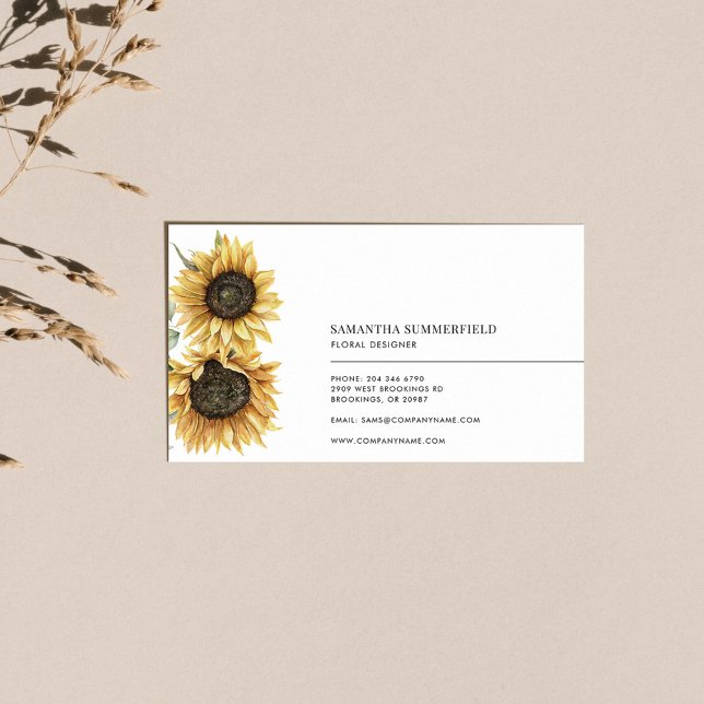 Cartão De Visita Cor Floral de Girassol Elegante (Floral Sunflower Bloom Modern Business Card)