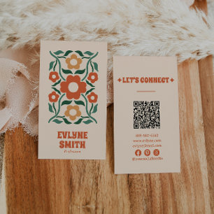 Cartão De Visita Cor Verde Laranja Vermelhos Código QR Groovy Flora
