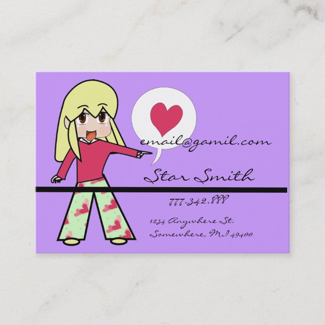 Cartão De Visita Coração de Chibi Cuta - Cabelo Amarelo (Frente)