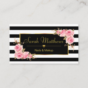 Cartão De Visita Coração Dourada Salão de Rosa com Striped Elega