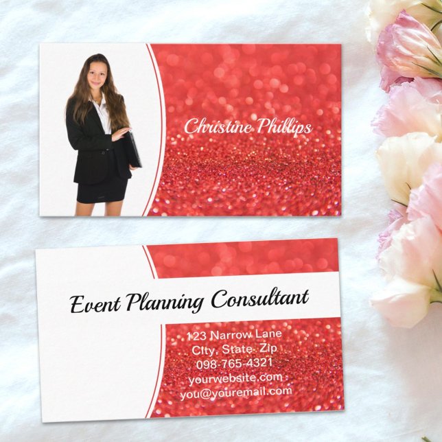 Cartão De Visita Coral Faux Glitter Professional Photo (Simply add photo and text on this faux glitter business card design.)