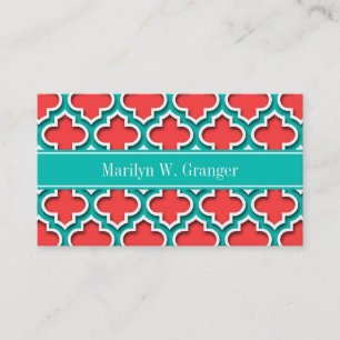 Cartão De Visita Coral Red, Teal Marroquino #5DS Nome Teal Monogram