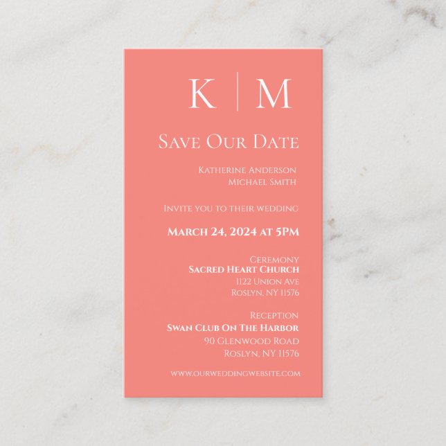 Cartão De Visita Coral rosa e branco-moderno - Salve a data - (Frente)