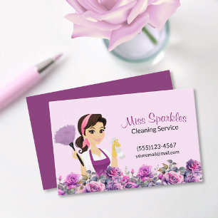 Cartão De Visita Corda Limpando Serviço Floral Roxo
