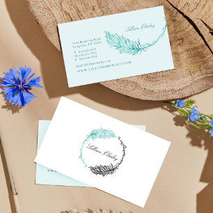 Cartão De Visita Coroa de Flores com Pena em Aquarela Boho Azul Tur