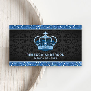 Cartão De Visita Coroa Real em Falso Glitter Azul Damasco Preto