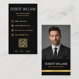 Cartão De Visita Corretor de Imóveis de Luxo Black Gold QR Foto