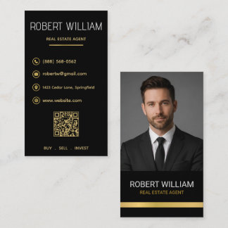 Cartão De Visita Corretor de Imóveis de Luxo Black Gold QR Foto
