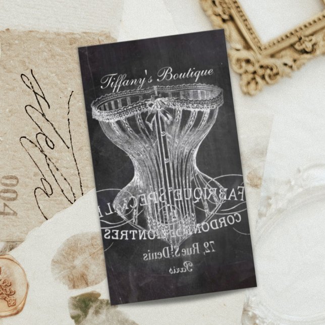 Cartão De Visita Corset de lingerie do designer de beleza da moda d (Retro chalkboard scripts victorian lingerie corset business card)
