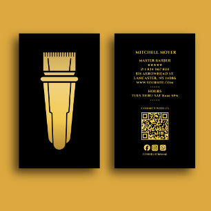 Cartão De Visita Cortador de Cabelo Moderno preto e dourado Código