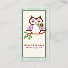 Cartão De Visita Coruja de primavera com xadrez verde de menta