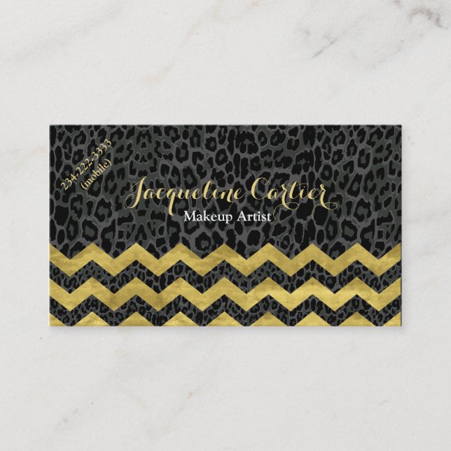 Cartão De Visita Cosmetólogo Preto Leopard Chevron (Frente)