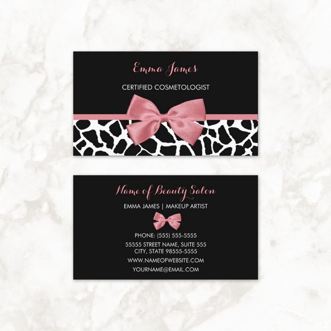 Cartão De Visita Cosmetólogo Trendy Giraffe Impressão Rosy Pink Arc (Cosmetologist Trendy Giraffe Print Rosy Pink Bow Business Cards)