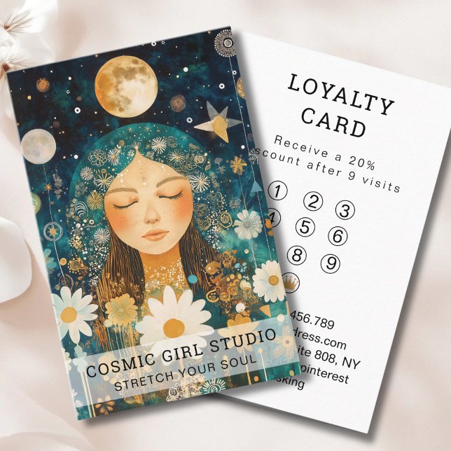 Cartão De Visita Cosmic Girl Boho Moon Salon Loyalty (Cosmic Girl Boho Moon Salon Loyalty Business Card)